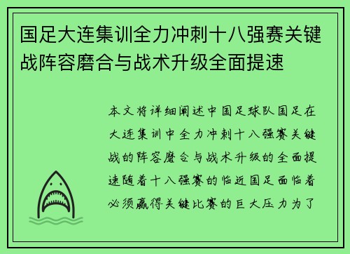 国足大连集训全力冲刺十八强赛关键战阵容磨合与战术升级全面提速 国足大连集训全力冲刺十八强赛关键战阵容磨合与战术升级全面提速