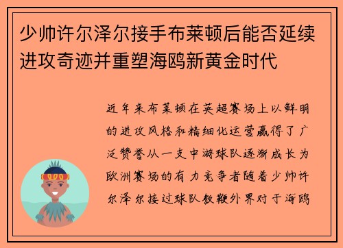 少帅许尔泽尔接手布莱顿后能否延续进攻奇迹并重塑海鸥新黄金时代 少帅许尔泽尔接手布莱顿后能否延续进攻奇迹并重塑海鸥新黄金时代